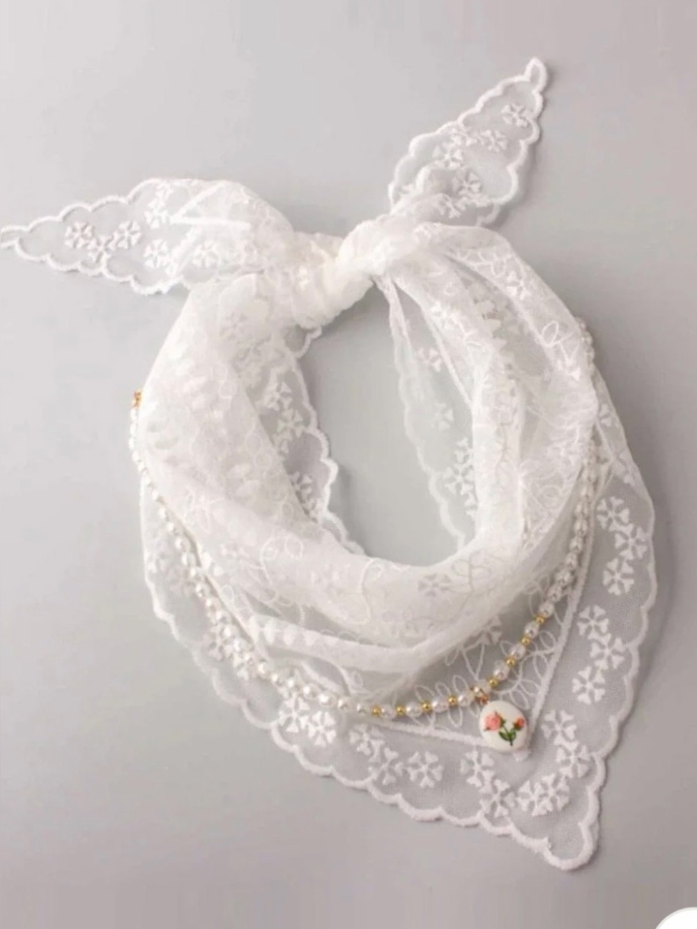 Delicate White Lace Scarf Necklace with Pearl Accent